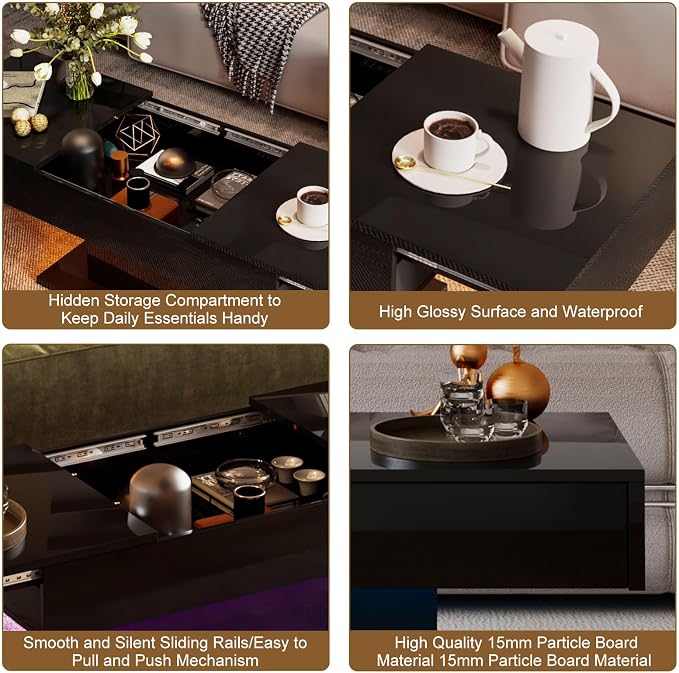 Black Modern Coffee Table with Hidden Storage - Image 5