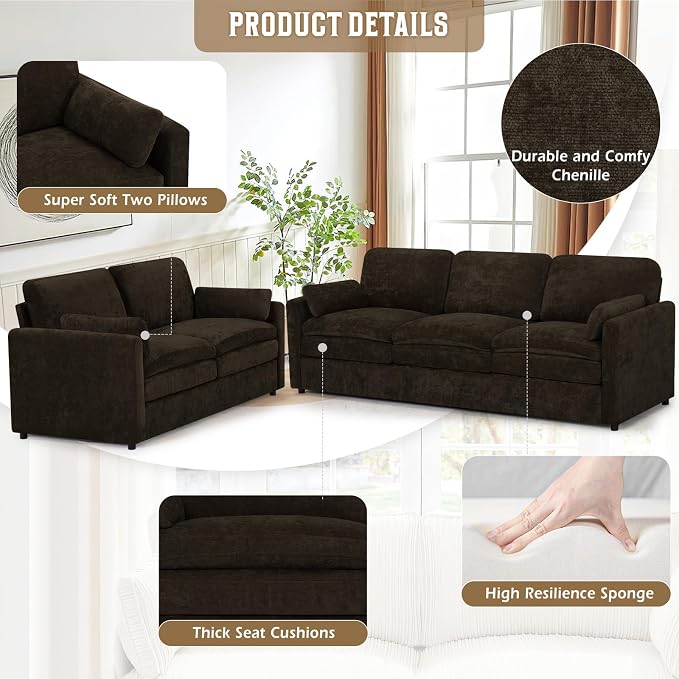 Comfy Chenille Sofa Set with Well-Filled Pillows, Modern 3 Seater and Loveseat - Image 2