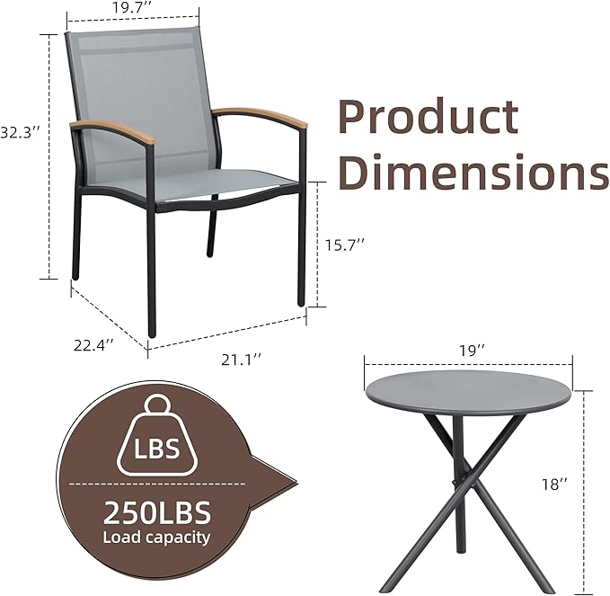 Shintenchi 3 Pieces Patio Bistro Sets, Outdoor Textilene Fabric Conversation - Image 6