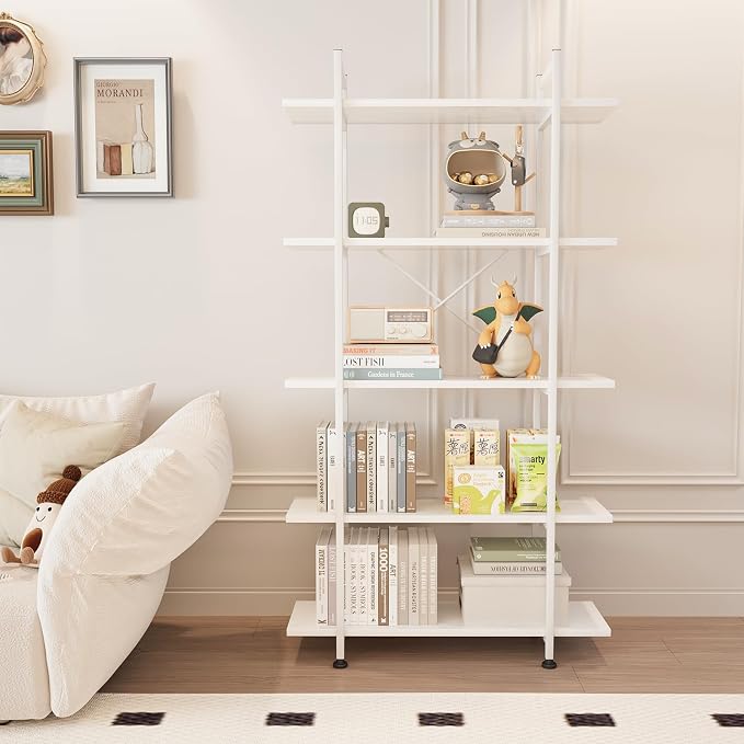 Bookshelf 5 Tiers White Wooden Storage Shelf, Modern Open Display Storage - Image 3