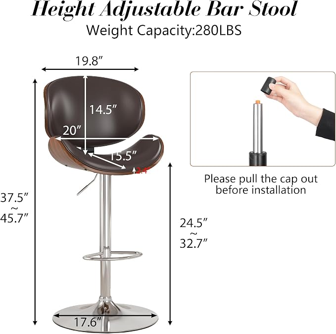 KCC Bar Stools Set of 3, Swivel Adjustable Height Barstools, PU Leather - Image 2