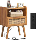 Lerliuo Rattan Nightstand with Charging Station, Side Table with Drawer by Lerliuo