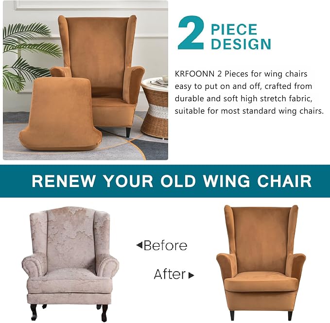 KRFOONN Wingback Chair Cover Slipcovers 2 Piece Stretch Velvet Plush Wing Chair - Image 3