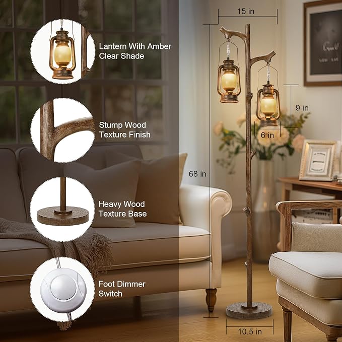 68" Rustic Farmhouse Tree Trunk Floor Lamp Country Brown Finish Wood Vintage - Image 2