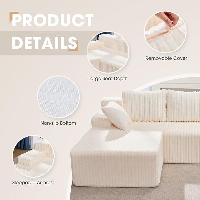 Hobestluk Modular Sectional Sofa Couches L-Shape Couch 3 Seat Modular Sofa - Image 7