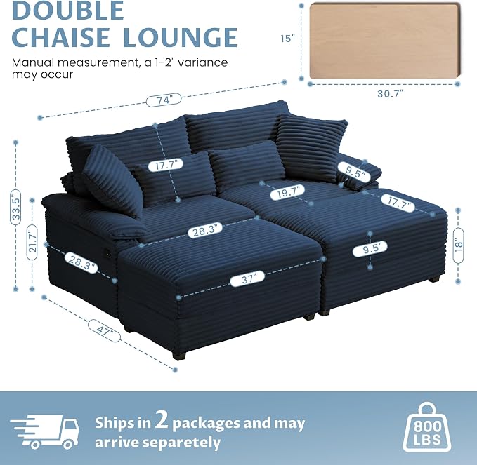 SUNWAVE 74" W Double Chaise Lounge Chair Indoor, Oversized Loveseat - Image 2