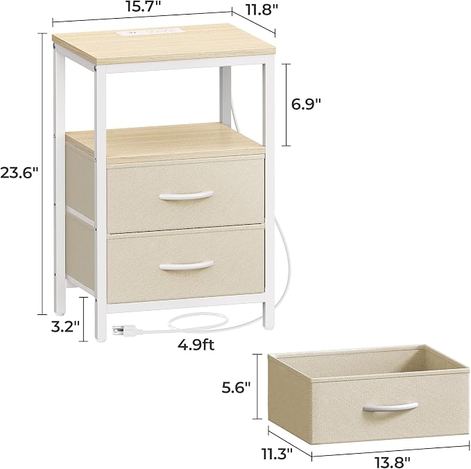 Huuger Nightstand with Charging Station, Side Table with Fabric Drawers - Image 2