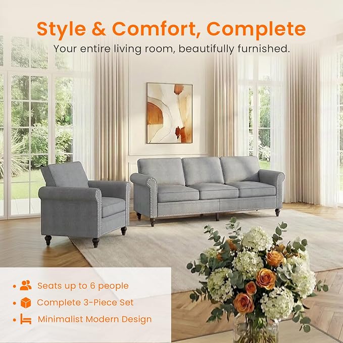 2 Piece Living Room Sofa Sets, Modern 3 Seater Couch and Armchair Sets - Image 3