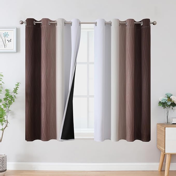 Estelar Textiler Brown and Greyish White Blackout Curtains 45 Inch Length by ESTELARTEXTILER