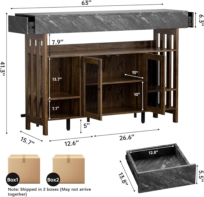 Loomie Bar Table Cabinet with Grey Marble Top & LED Lights & 2 Drawers - Image 2