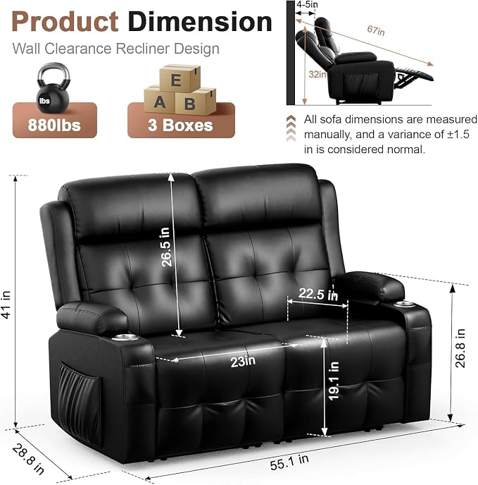 Reclining Loveseat, 55.1" RV PU Leather Wall Hugger Recliner Love Seats Sofa - Image 2
