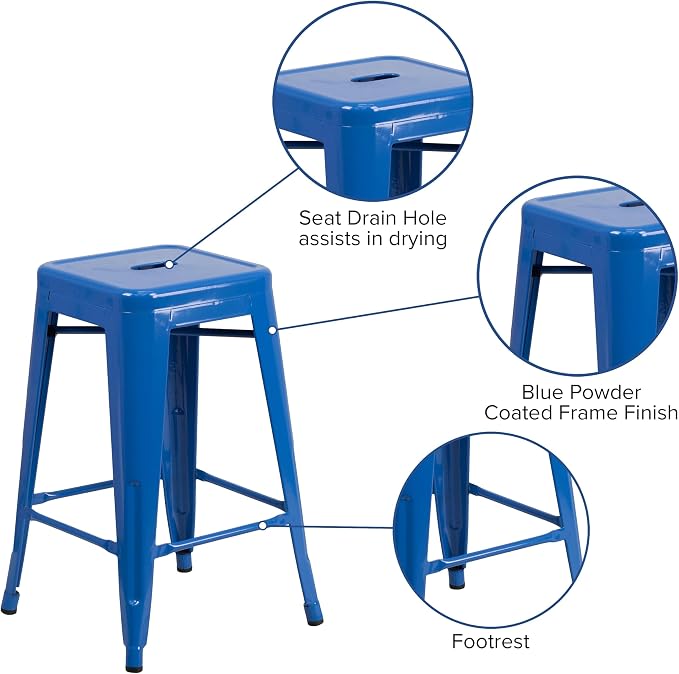 Flash Furniture Lily 4 Pack Commercial Grade 24" High Backless Blue Metal - Image 6
