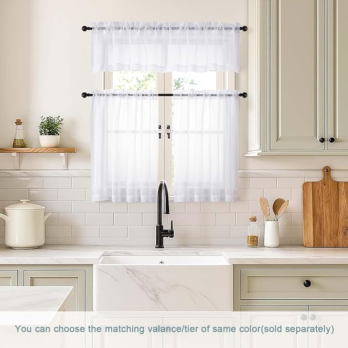 White Small Sheer Curtains Tier 30 Inches Length 2 Pieces, Light Filtering Cafe - Image 2