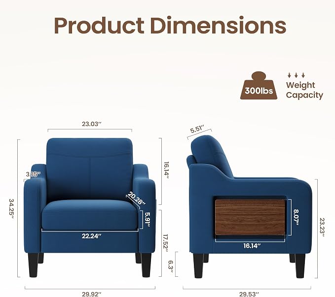 Accent Chair for Living Room Modern Linen Upholstered Armchair Side Wooden - Image 3