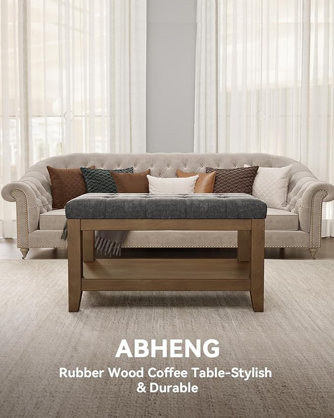ABHENG Solid Rubber Wood Shoe Bench, Soft Chenille Material Upholstered Seat - Image 4
