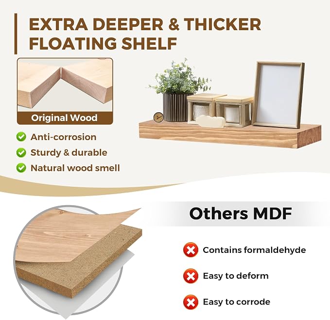 17x8x1.6 inch Floating Shelves Set of 2 – Solid Wood Rustic Wood Wall Mounted - Image 3