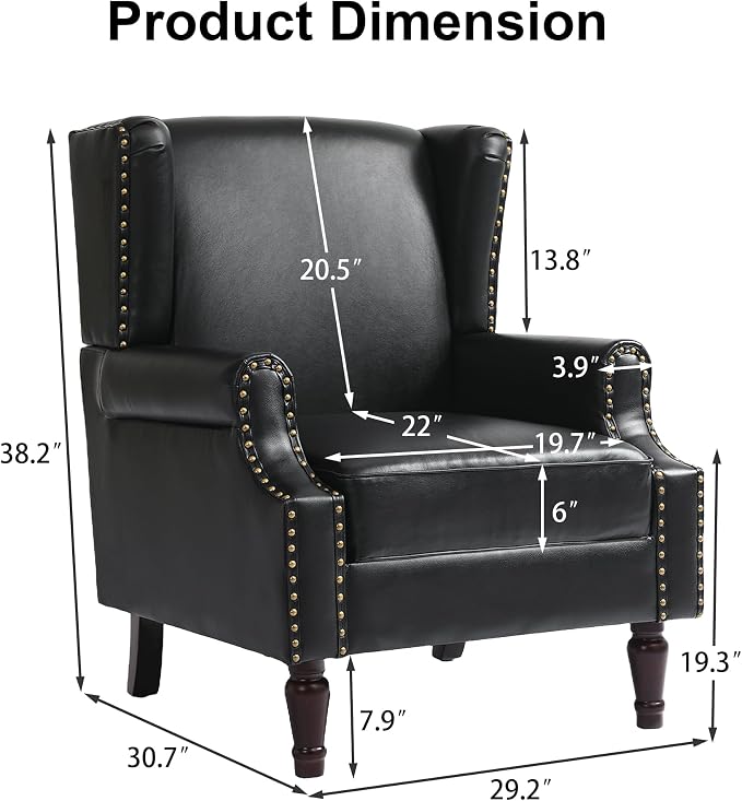 Pia Ricco Set of 2 Faux Leather Accent Chairs, High Back Wingback Armchairs - Image 2