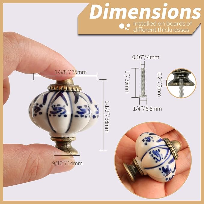 Ivory & Deep Blue Pumpkin Knobs 2 Pack Ceramic Cabinet Knobs Vintage Drawer - Image 4