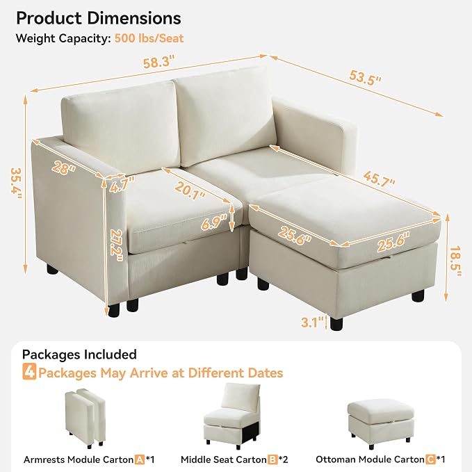 WUTUTUEE 58”Modular Sectional Loveseat Sofa - Image 2
