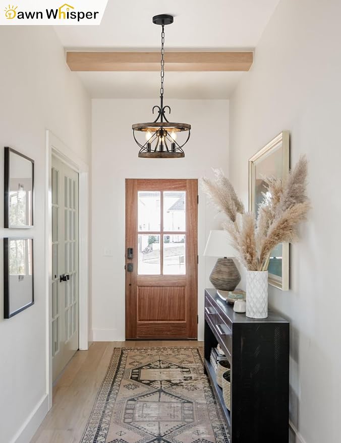 12.9 Inch Farmhouse Chandelier for Dining Room Wood Drum Chandelier Light - Image 3