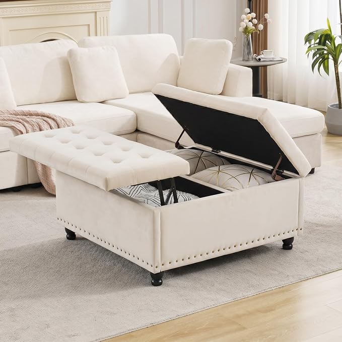 Tbfit Large Square Storage Ottoman Bench, Tufted Upholstered Coffee Table - Image 5
