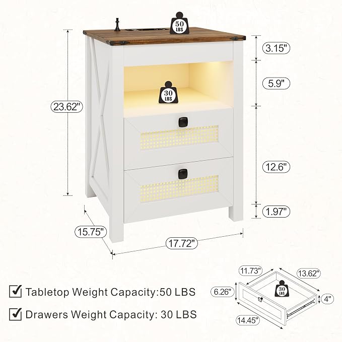 Bedside Table Set of 2 with Charger Station, Night Stand with Gun Drawer - Image 2