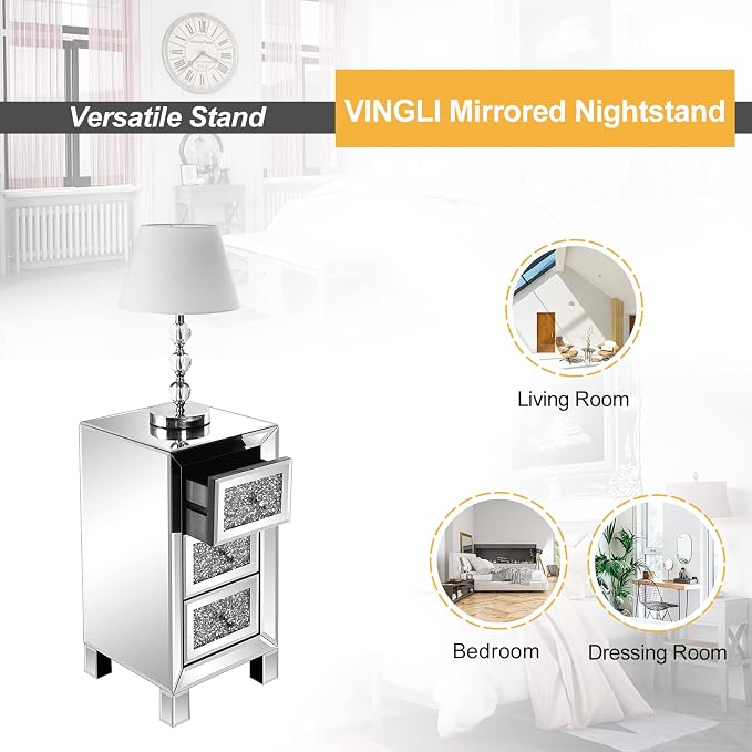 VINGLI 3-Drawer Mirrored Nightstand Bedside Table Glass Accent End Table - Image 7