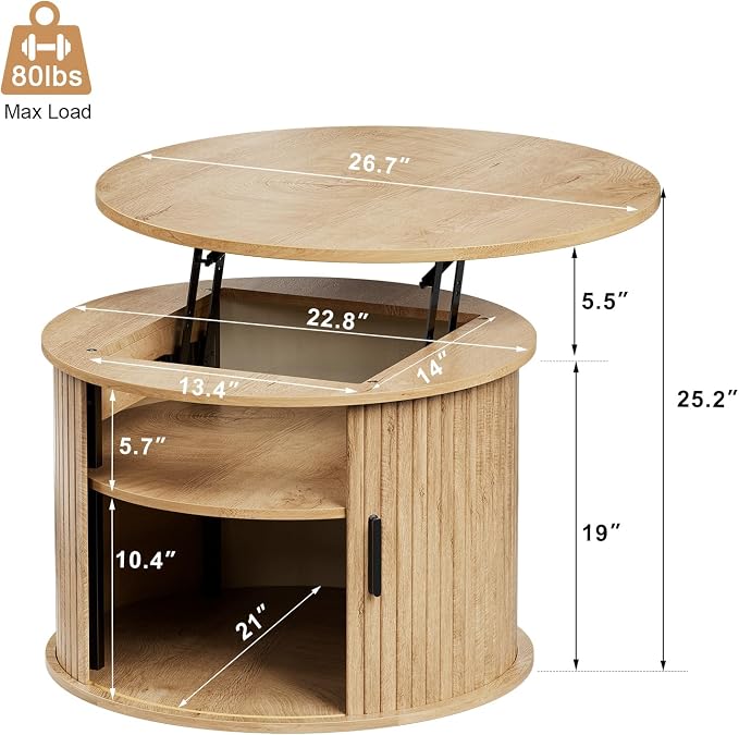 FABATO Round Lift Top Coffee Table, Fluted Wood Accent Coffee Table - Image 2