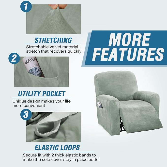 H.VERSAILTEX 4-Pieces Recliner Chair Covers Velvet Stretch Reclining Couch - Image 4