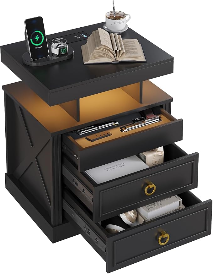 HNEBC Nightstand with Gun Drawers, LED Farmhouse Night Stand with Charging - Image 9