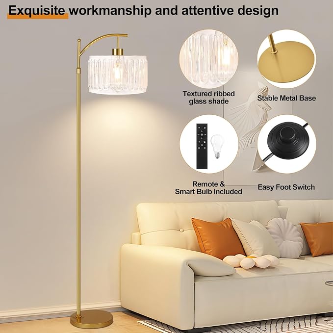 QIYIZM Glass Floor Lamp for Living Room, Brass White Tall Lamp Boho Mid Century - Image 8