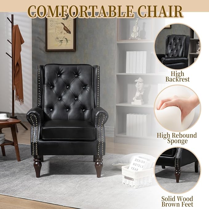 Mid-Century Wingback Chair, PU Leather Accent Chair Armchair - Image 5