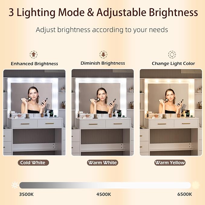 TOKSOM White Vanity Desk with Mirror, Lights & Charging Station, 2 Cabinets and - Image 3