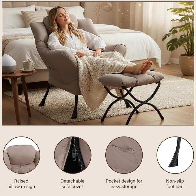 Welnow Lazy Chair with Ottoman, Modern Reading Accent Chair with Armrests and a - Image 4