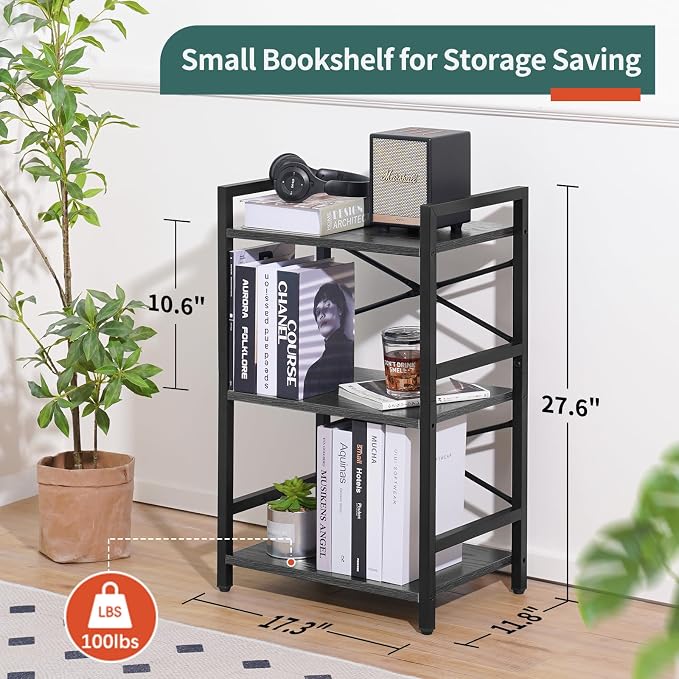 Yoobure Bookshelf Small Book Shelf, Solid Industrial 3 Tier Shelf Bookcase - Image 3