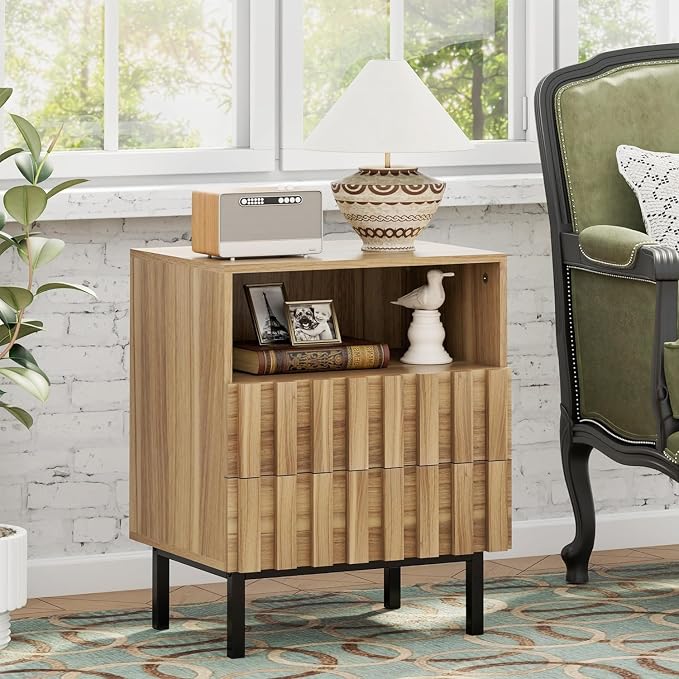 UEV Mid Century Modern Fluted Nightstand Set of 2, 2 Drawers End Table - Image 5