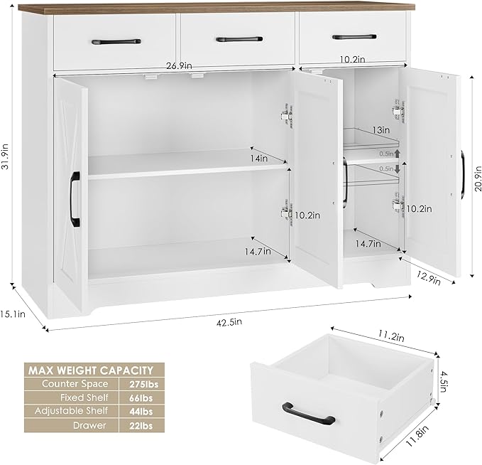 HOSTACK Modern Farmhouse Sideboard Buffet Cabinet, Barn Doors Buffet Storage - Image 3