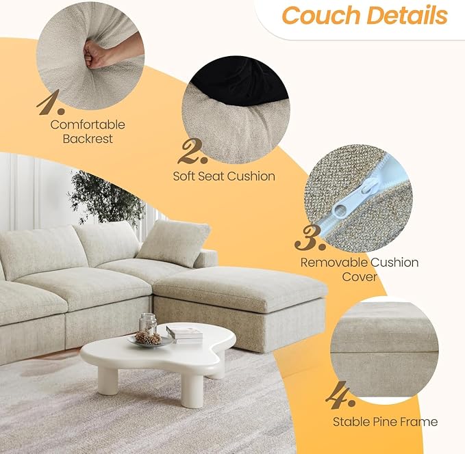 JACH 160" Cloud Sectional Couch, Overzised Down Filled Comfy Couch, 8 Seater - Image 3