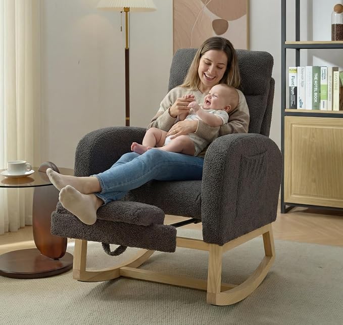 NIOIIKIT Modern Nursery Rocking Chair, Teddy Upholstered Rocking Chair - Image 3