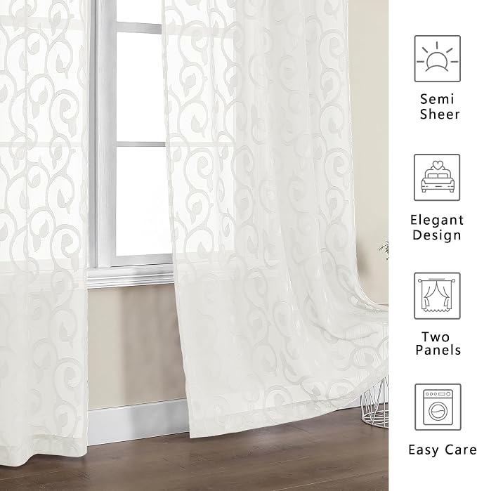 OWENIE Furman Ivory Sheer Curtains 45 Inch Length 2 Panels Set - Image 4