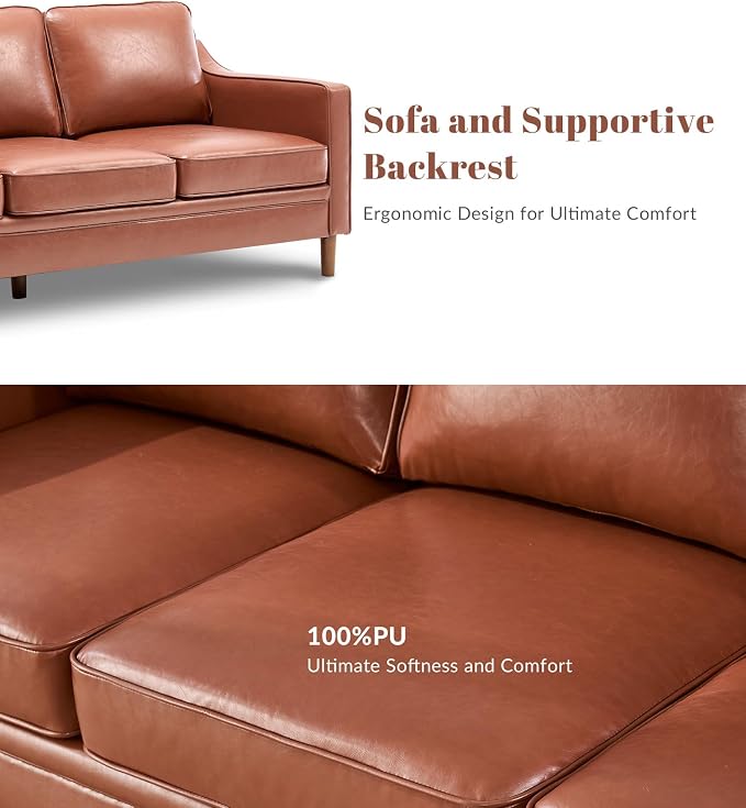 Kingfun 80" Faux Leather Sofa, 3 Seater Couch, Mid Century Modern Couches - Image 5
