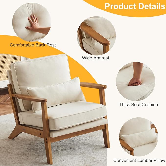 Karl home Accent Chair Wide Armrest Mid-Century Lounge Chair Linen Fabric - Image 3
