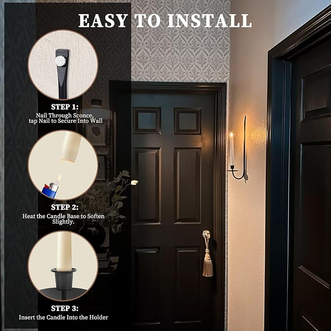 Wall Candle Holder Set of 2, Stylish Black Metal Wall Mount Candle Sconces - Image 8