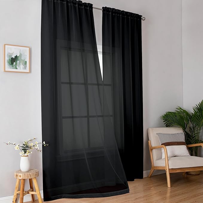 Simplebrand Black Sheer Curtains 84 Inches Long, Light Filtering Rod Pocket - Image 8
