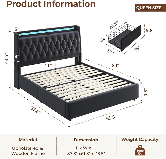 Queen LED Velvet Bed Frame - Image 2