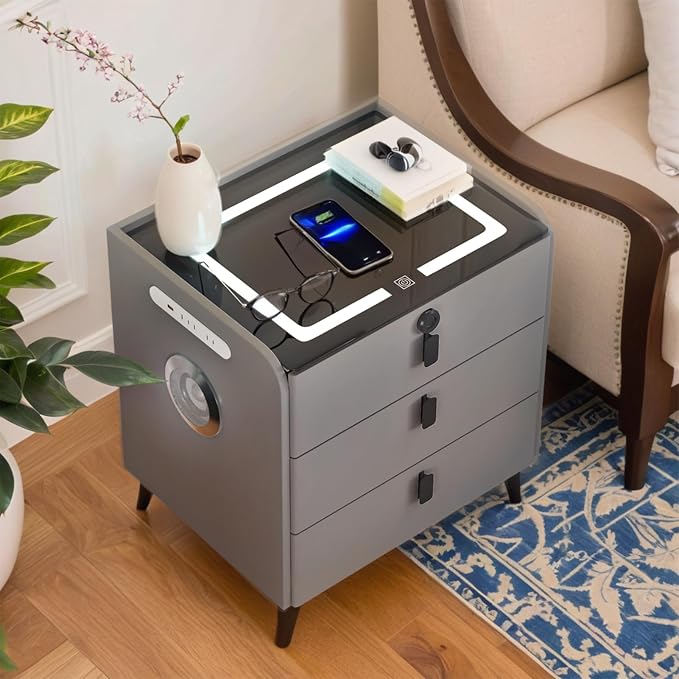 Smart Nightstand with Wireless Charging, with Fingerprint Lock Drawer, Night - Image 9