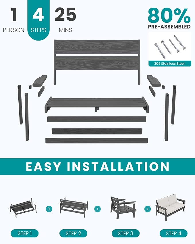 SERWALL HDPE Outdoor Patio Loveseat, All Weather Wood-Like Outdoor Sofa HDPE - Image 7