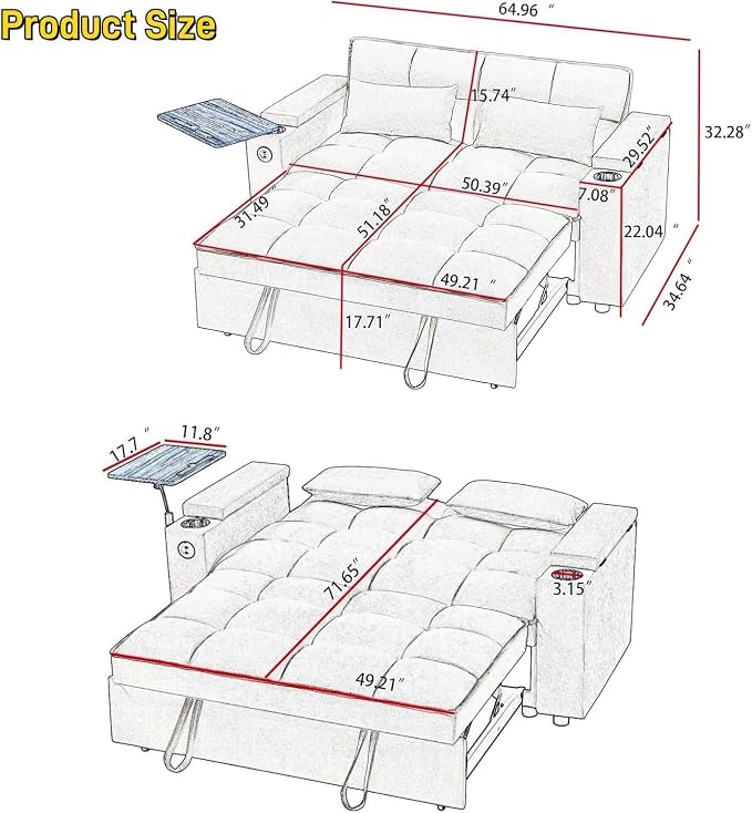 oaaktu Large Size Convertible Sleeper Sofa Bed, Polka dot Velvet Pull Out Futon - Image 2