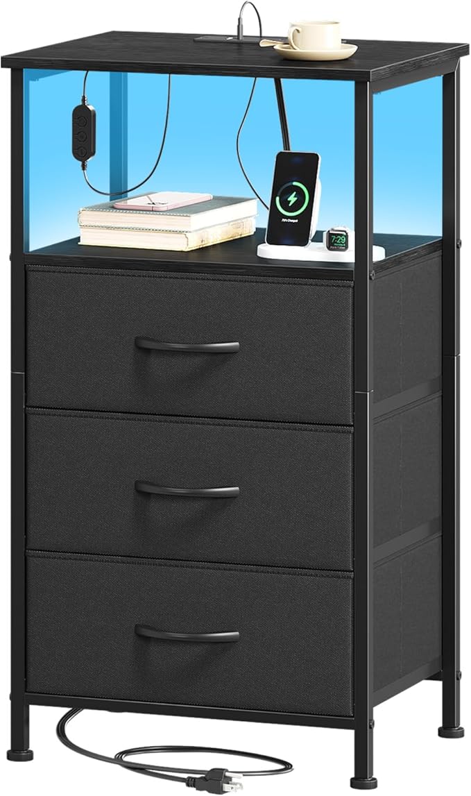 Somdot Black Nightstand with Charging Station and LED Light by Somdot