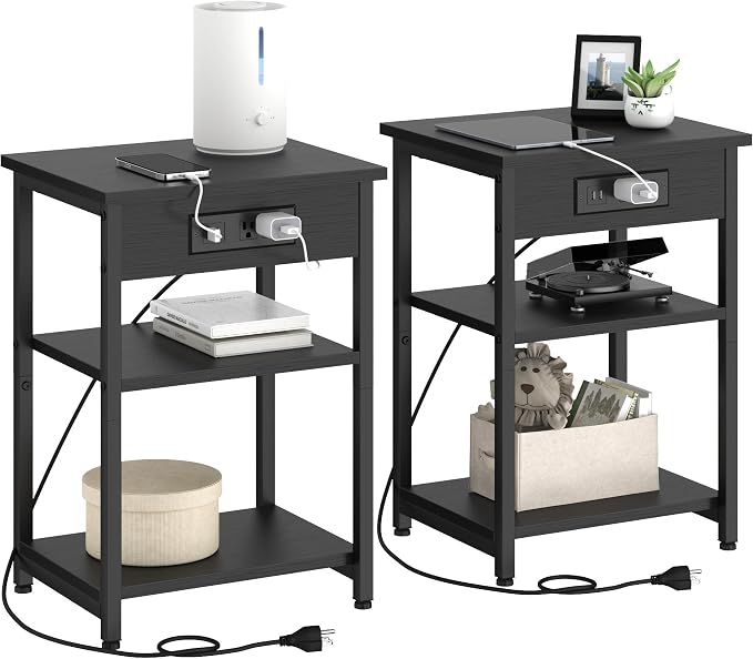 End Tables Set of 2 with Charging Station USB Ports, 3 Tier Tall Night Stand by CALERTAINDirect
